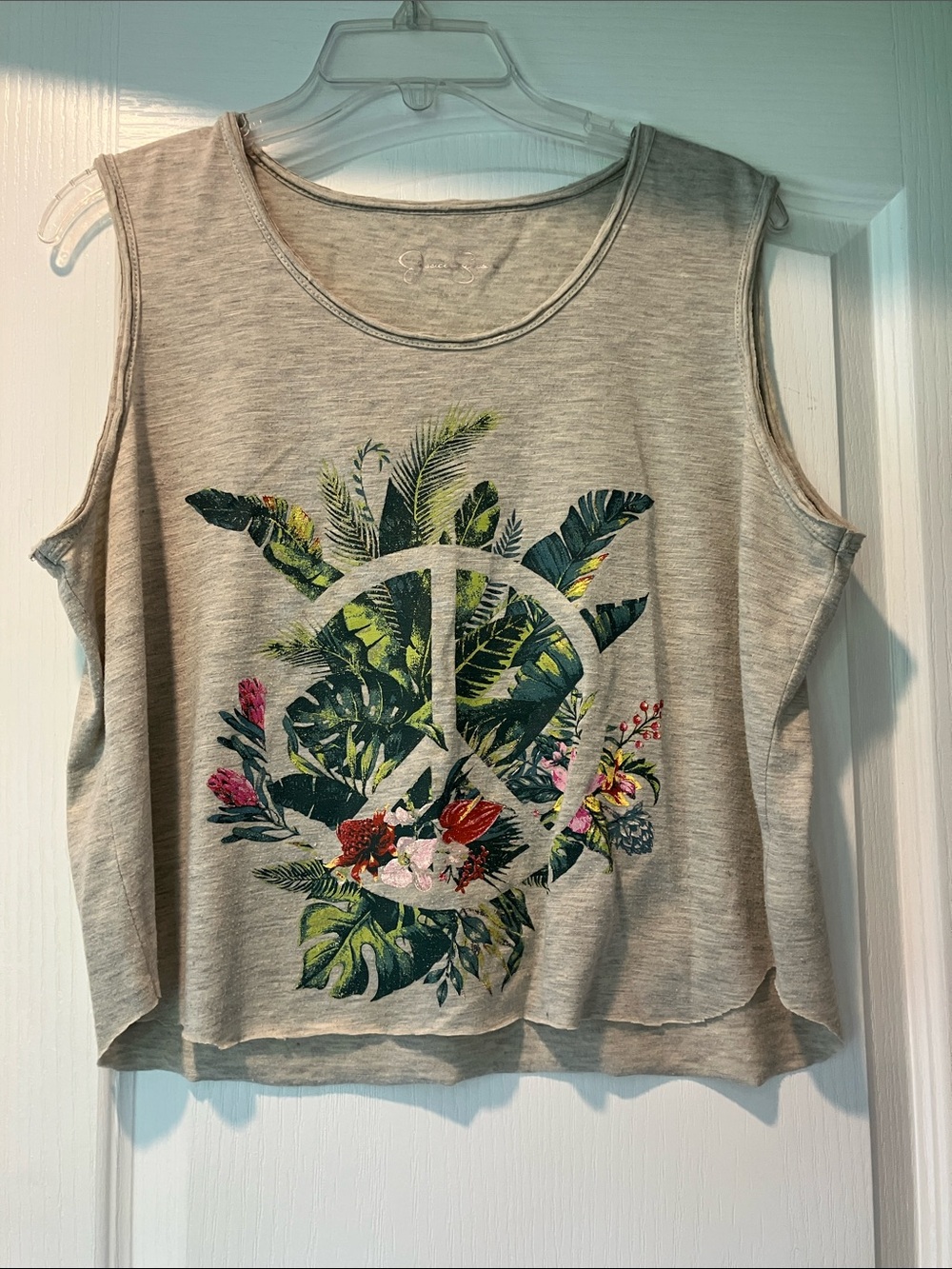 Jessica Simpson Light Gray Sleeveless Tank with Tropical Peace Graphic